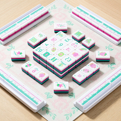 Pink Mahjong Set – Floral Bird Teal Green – tiles on game table