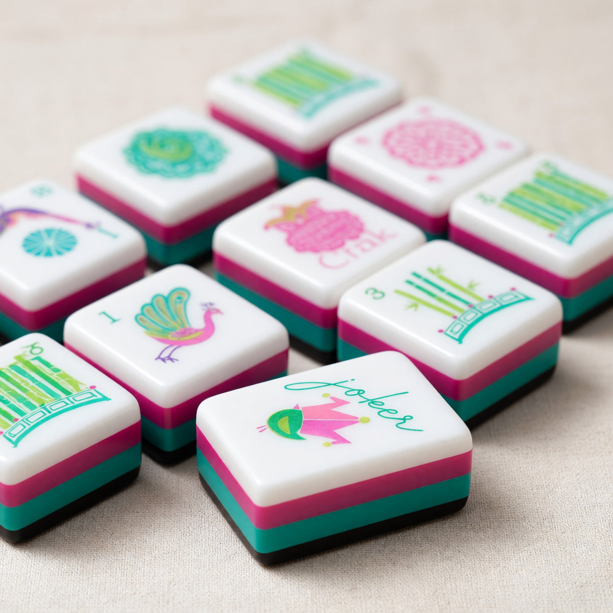 Pink Mahjong Set – Floral Bird Teal Green – full tile set overview