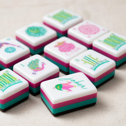 Pink Mahjong Set – Floral Bird Teal Green – full tile set overview