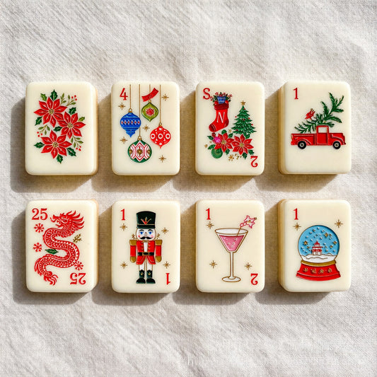 Christmas Mahjong Tiles Set – Ornaments Stockings Poinsettias Trees – main product photo