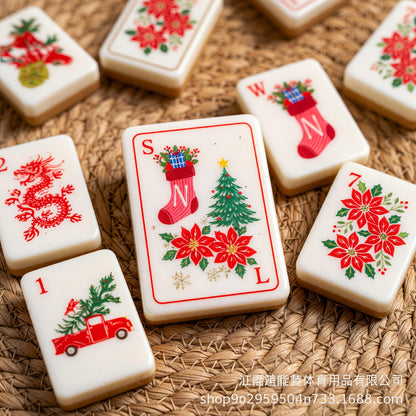 Christmas Mahjong Tiles Set – Ornaments Stockings Poinsettias Trees – close-up tile detail