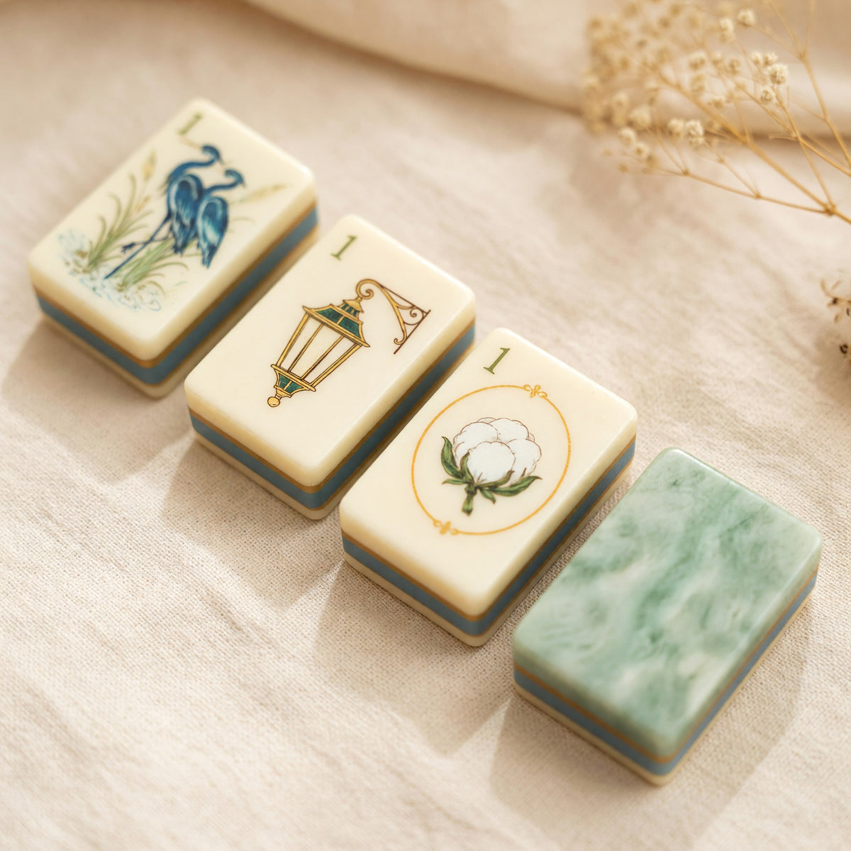 Coastal Mahjong Tiles Set – Botanicals Heron Crab Floral – close-up tile detail