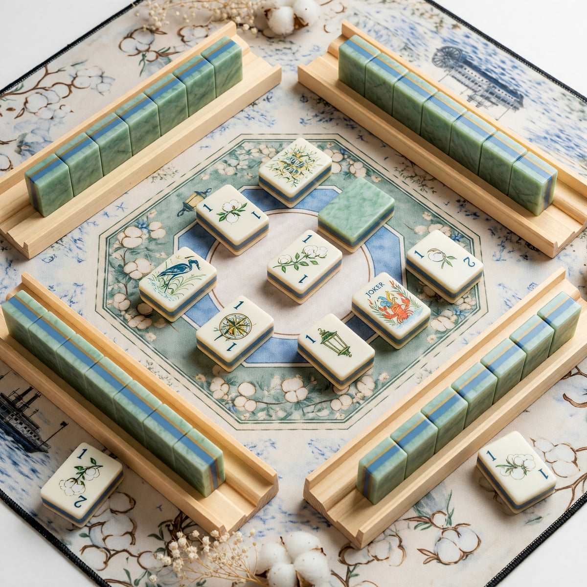 Coastal Mahjong Tiles Set – Botanicals Heron Crab Floral – tiles on game table