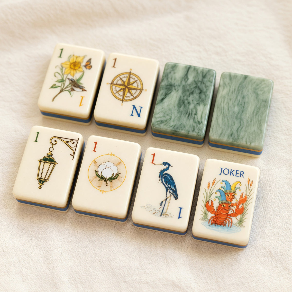 Coastal Mahjong Tiles Set – Botanicals Heron Crab Floral – full tile set overview