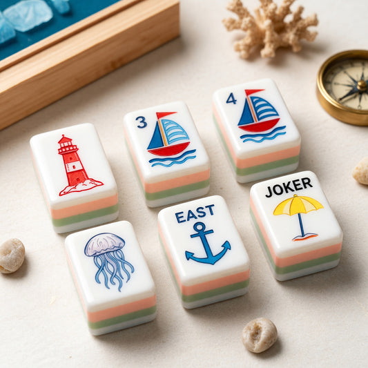 Coastal Mahjong Tiles Set – Nautical Lighthouse Jellyfish Seahorse – main product photo