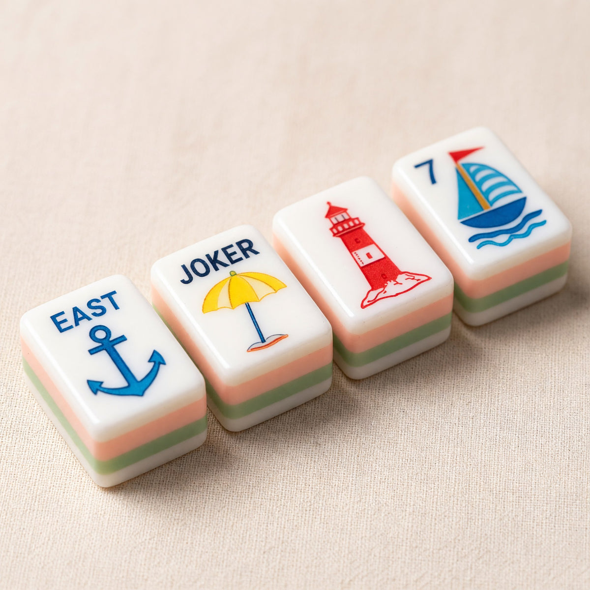 Coastal Mahjong Tiles Set – Nautical Lighthouse Jellyfish Seahorse – close-up tile detail