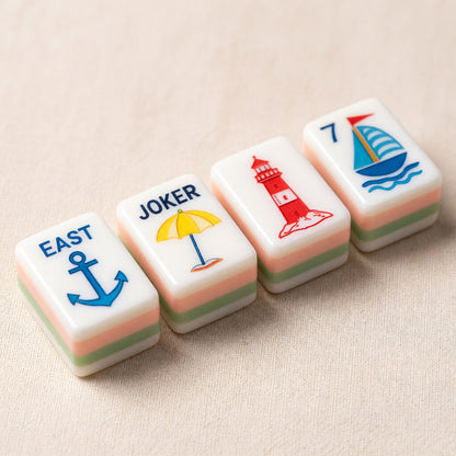 Coastal Mahjong Tiles Set – Nautical Lighthouse Jellyfish Seahorse – close-up tile detail