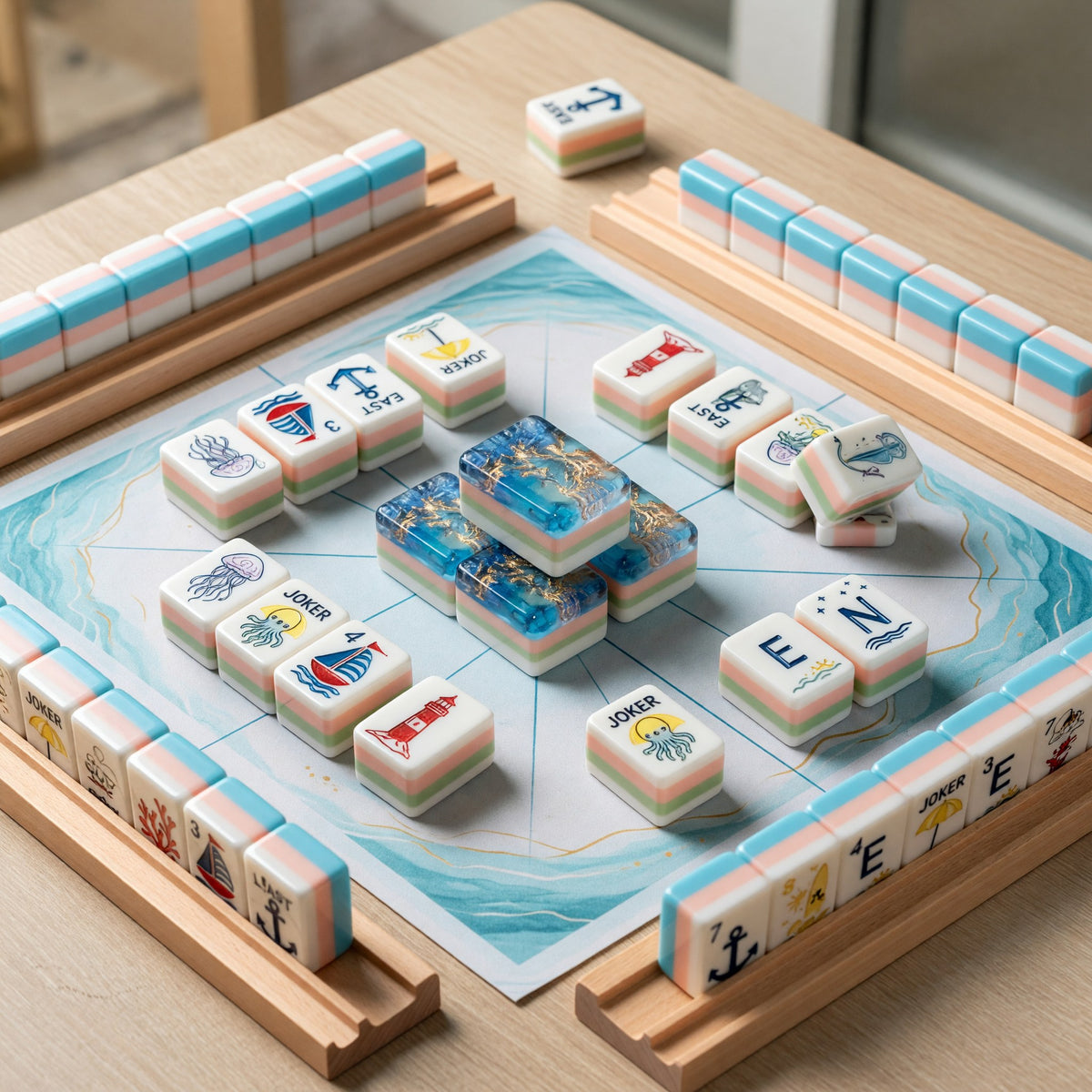 Coastal Mahjong Tiles Set – Nautical Lighthouse Jellyfish Seahorse – tiles on game table
