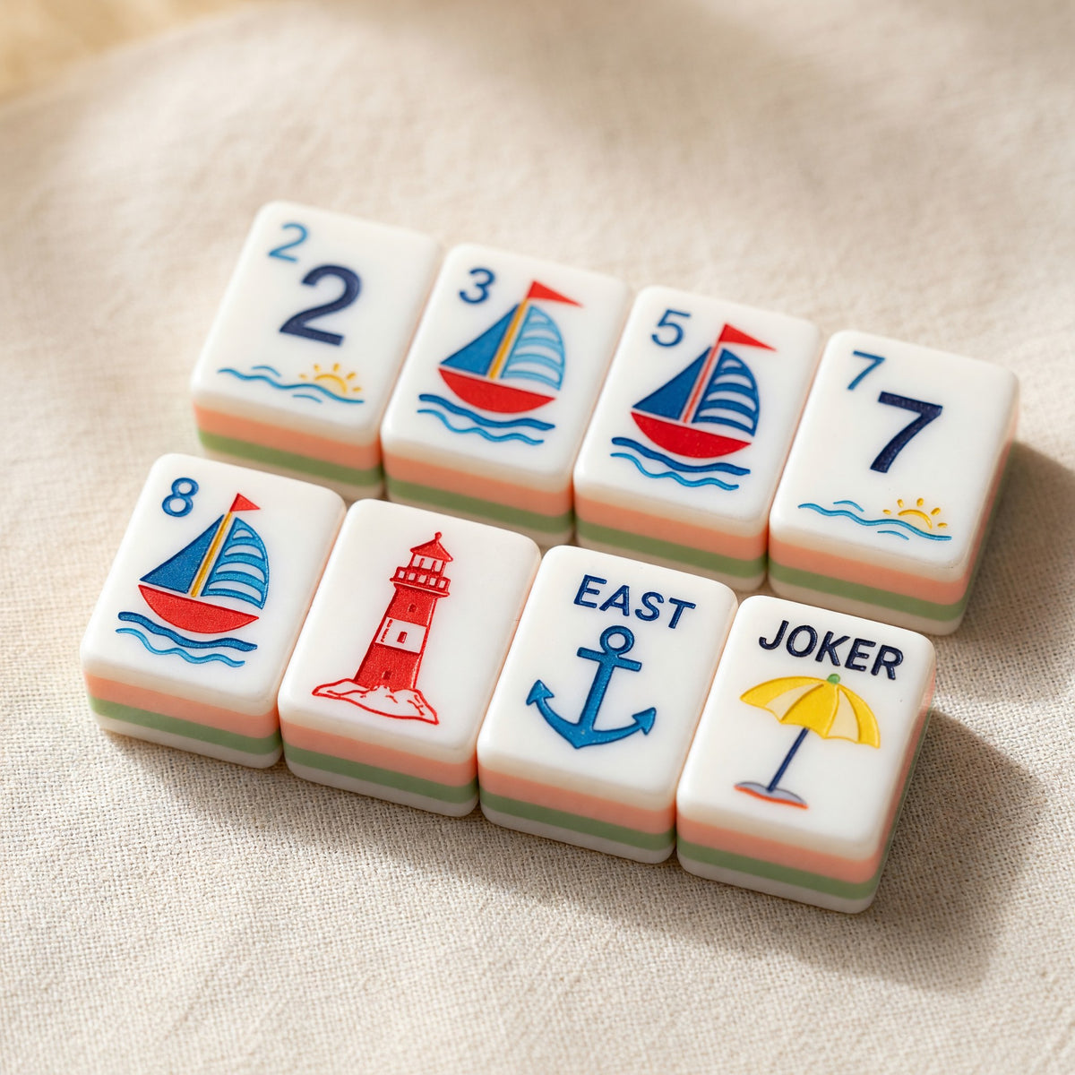 Coastal Mahjong Tiles Set – Nautical Lighthouse Jellyfish Seahorse – full tile set overview