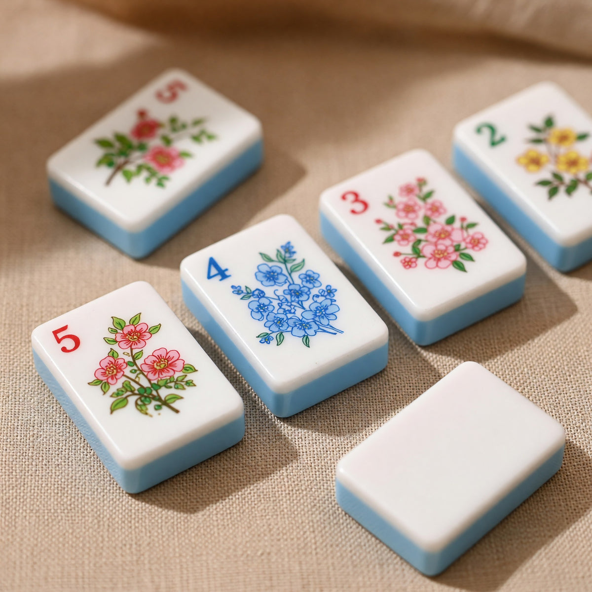 Floral Mahjong Tiles Set – Sky Blue Nature Flower – close-up tile detail