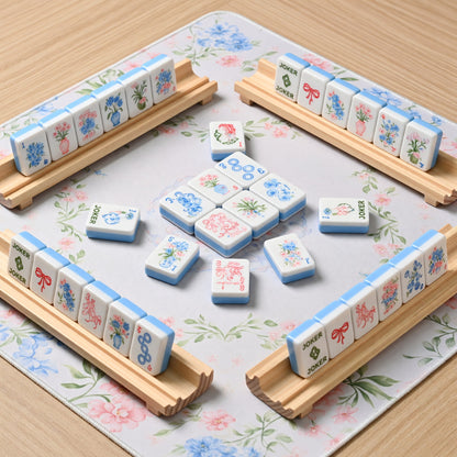 Floral Mahjong Tiles Set – Sky Blue Nature Flower – tiles on game table