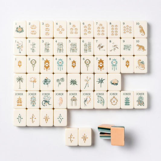 Traditional Mahjong Tiles Set – Peach Green Botanical Floral Pagoda – main product photo