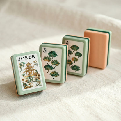 Traditional Mahjong Tiles Set – Peach Green Botanical Floral Pagoda – close-up tile detail
