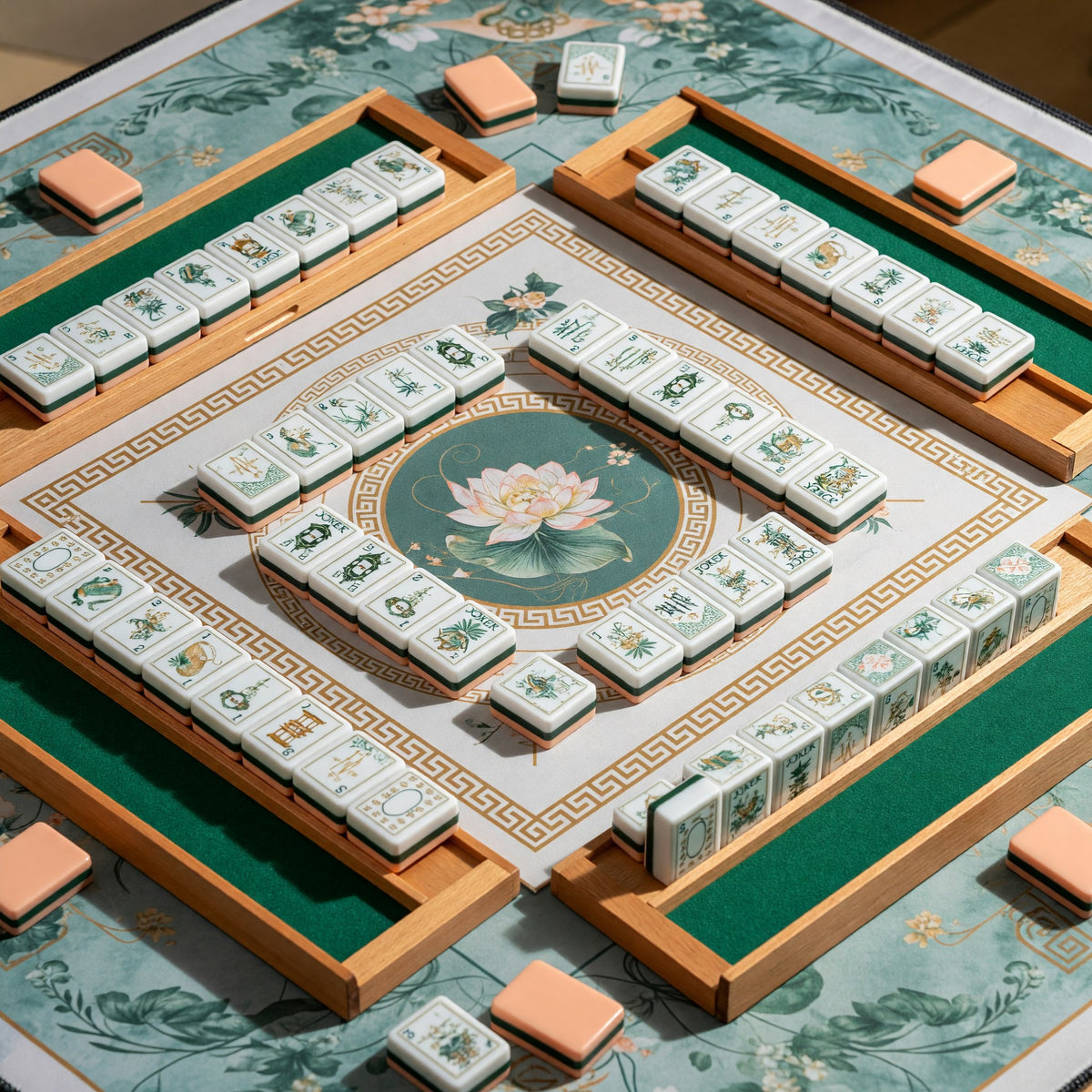 Traditional Mahjong Tiles Set – Peach Green Botanical Floral Pagoda – tiles on game table