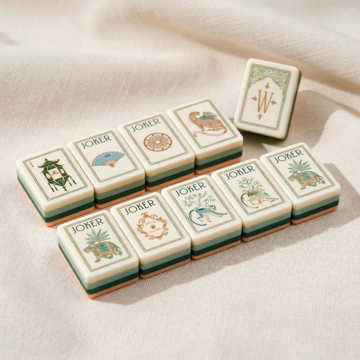 Traditional Mahjong Tiles Set – Peach Green Botanical Floral Pagoda – full tile set overview