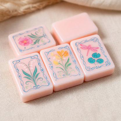 Pink Mahjong Set – Peach Floral Parisian Botanical – close-up tile detail