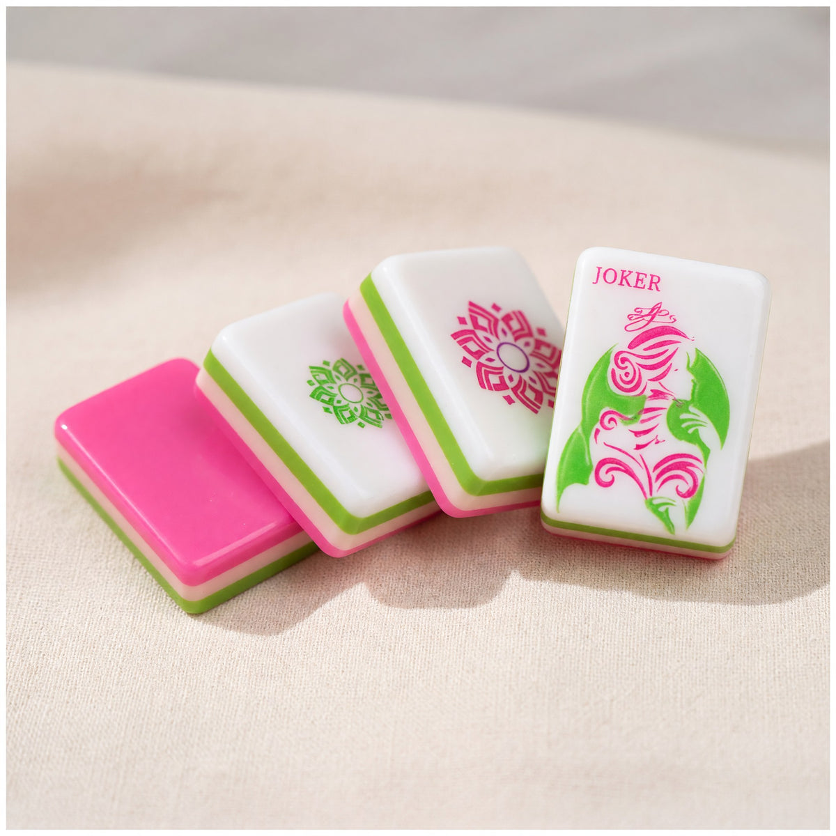 Pink Mahjong Set – Floral Botanical Flower Garden – close-up tile detail