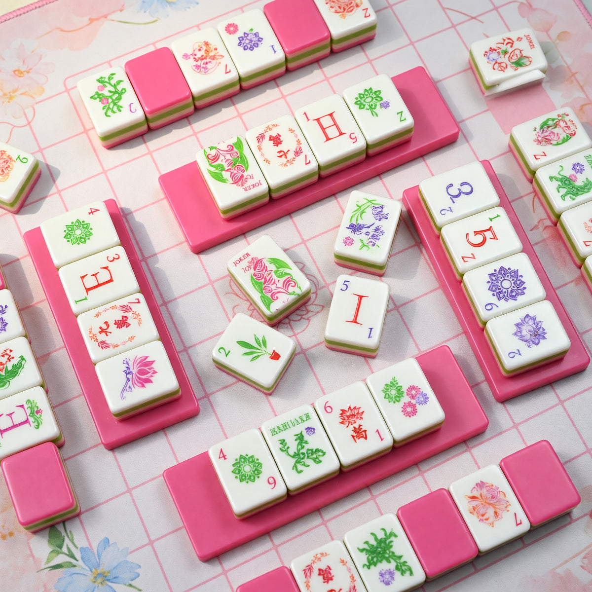 Pink Mahjong Set – Floral Botanical Flower Garden – tiles on game table