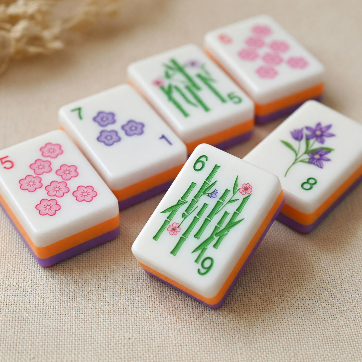 Traditional Mahjong Tiles Set – Classic Bamboo Number Orange – close-up tile detail
