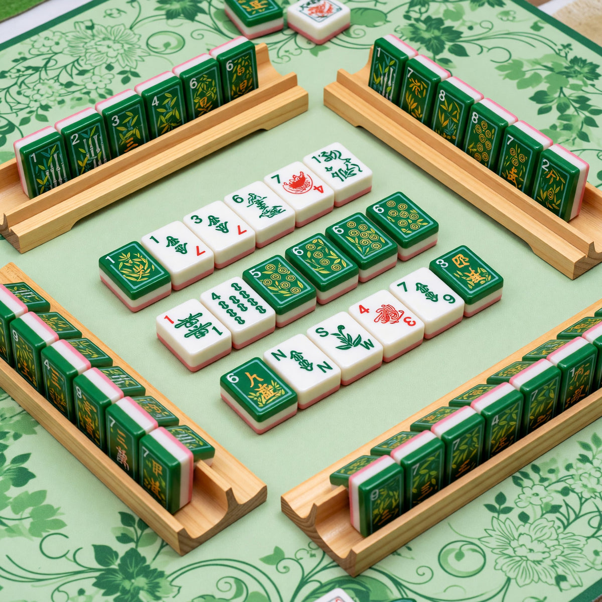 Floral Mahjong Tiles Set – Green Botanical Flower English Honors – tiles on game table