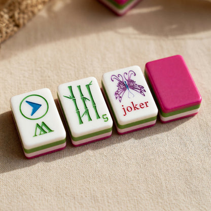 Pink Mahjong Set – Birds Flowers Magenta – close-up tile detail