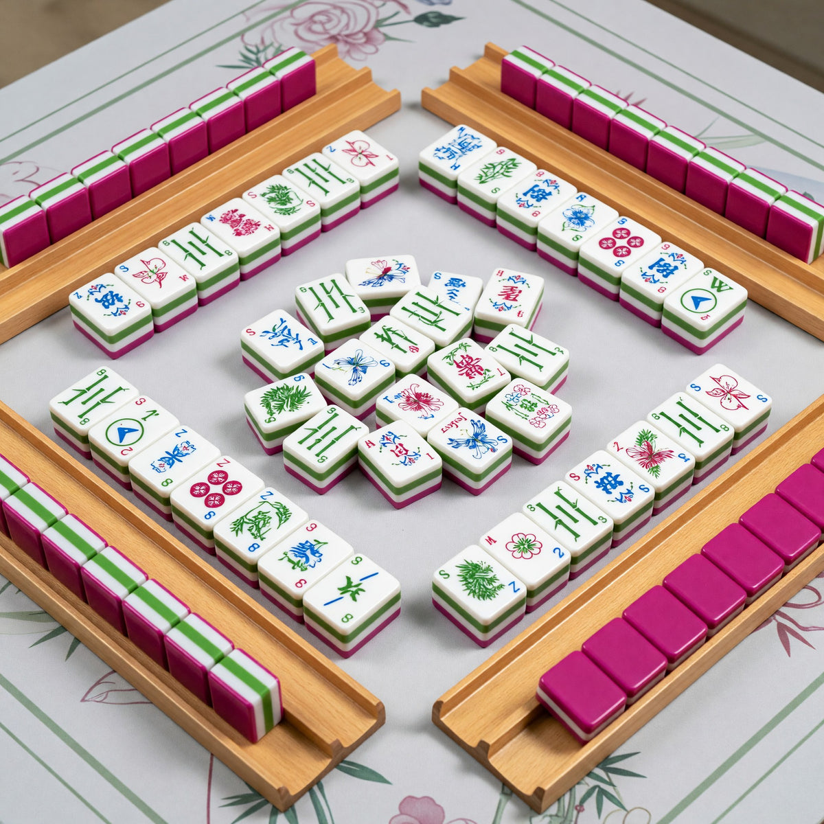 Pink Mahjong Set – Birds Flowers Magenta – tiles on game table