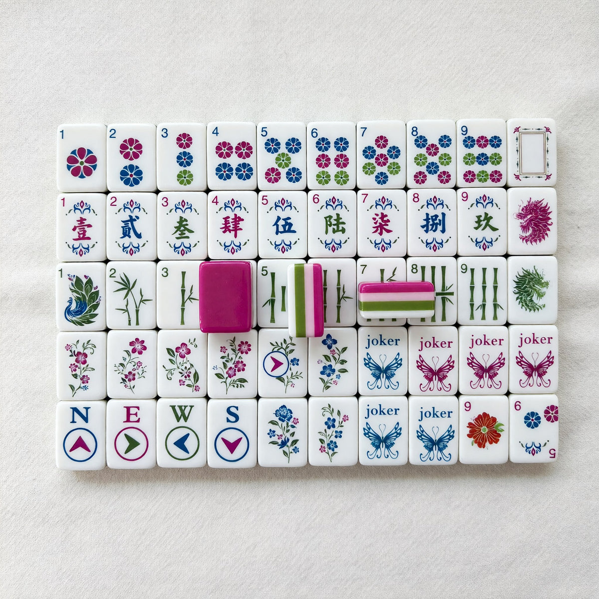Pink Mahjong Set – Birds Flowers Magenta – full tile set overview
