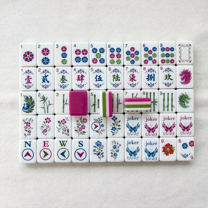 Pink Mahjong Set – Birds Flowers Magenta – full tile set overview