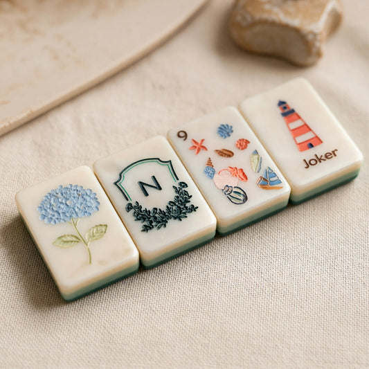 Coastal Mahjong Tiles Set – Nautical Ocean Lighthouse Seashells – close-up tile detail