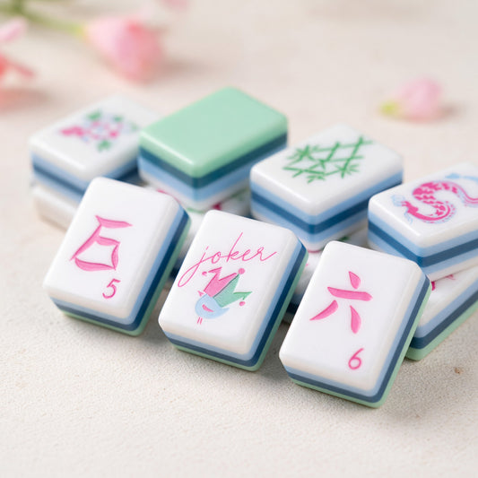 Traditional Mahjong Tiles Set – Botanical Flowers Chinese Characters Mint – main product photo