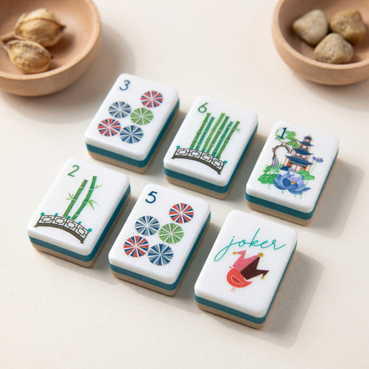 Traditional Mahjong Tiles Set – Teal Green Blue Botanical Pagoda – main product photo