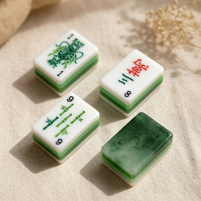 Traditional Mahjong Tiles Set – Jade Green Chinese White Faces – close-up tile detail