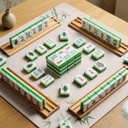 Traditional Mahjong Tiles Set – Jade Green Chinese White Faces – tiles on game table