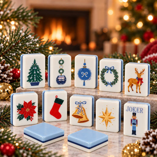 Christmas Holiday mahjong tile set in white, blue, red, green and gold