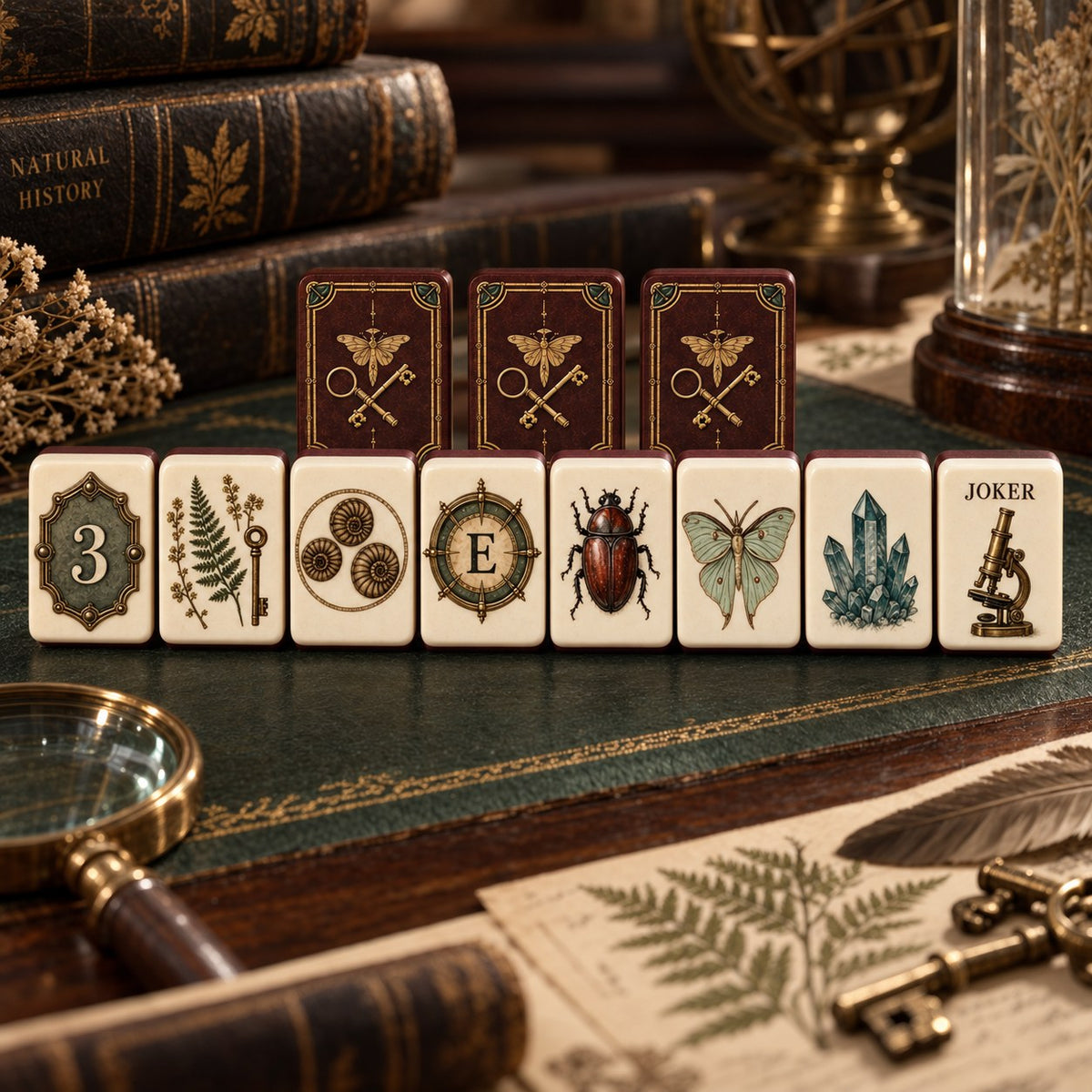Vintage-Style Keys Insects Ivory Dark mahjong tile set in ivory, dark brown, gold, green and red