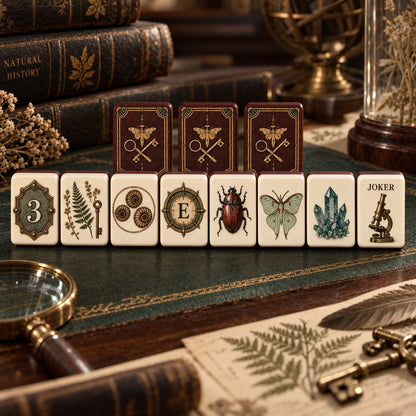 Vintage-Style Keys Insects Ivory Dark mahjong tile set in ivory, dark brown, gold, green and red