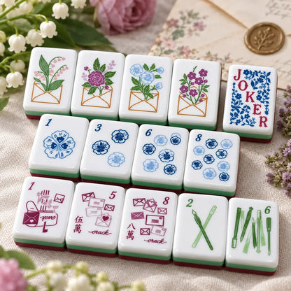 Red Green Floral Letter Envelope mahjong tile set in white, red, green, blue, pink and gold