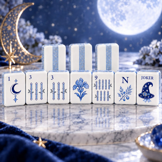 Celestial Blue White Moon Star mahjong tile set in white, blue and light blue