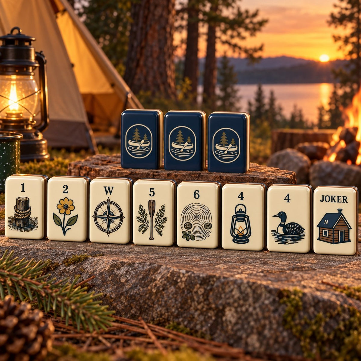 Camping Nature Campfire Jokers Outdoor mahjong tile set in dark blue, off-white, gold, brown and green