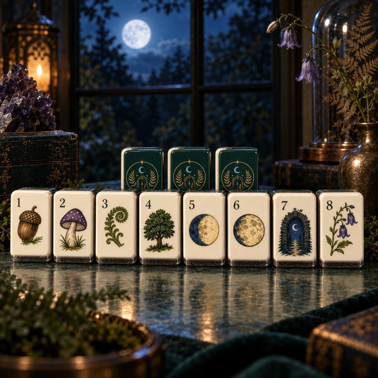 Celestial Nature Moon Forest mahjong tile set in cream, dark green, gold, navy blue and black
