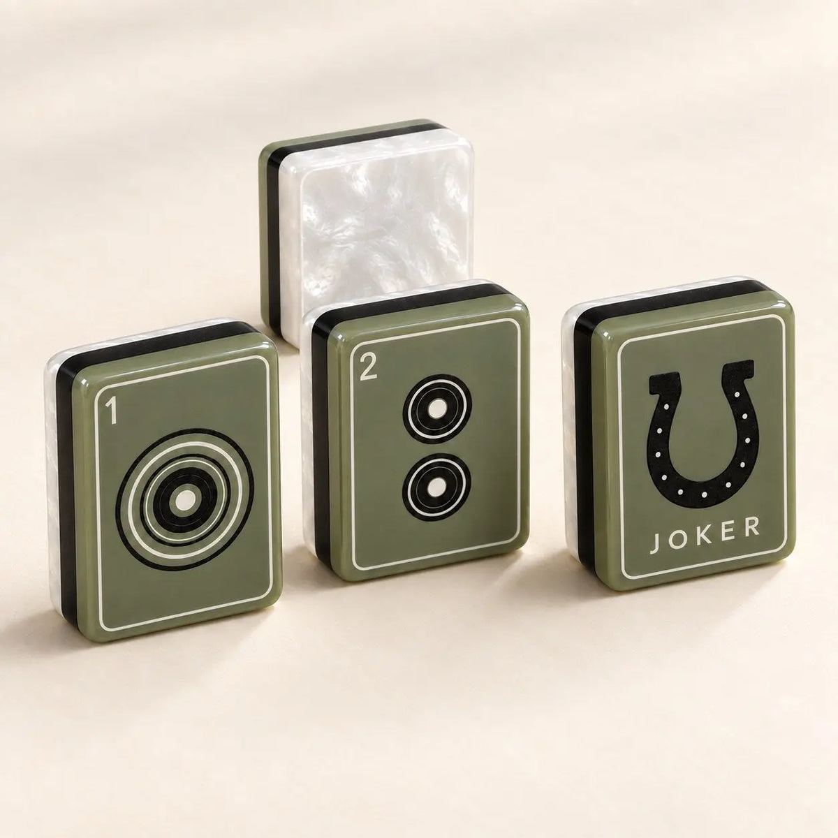 Olive Green Botanical Pearl mahjong tile set in olive green, black and pearl white
