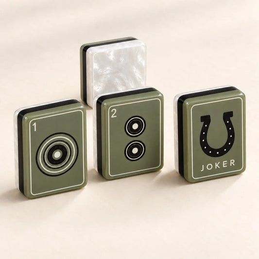Olive Green Botanical Pearl mahjong tile set in olive green, black and pearl white