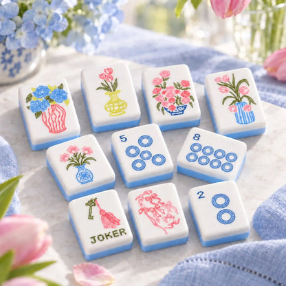 Pastel Floral Vase Blue Pink mahjong tile set in white, pastel blue, pink, green and red