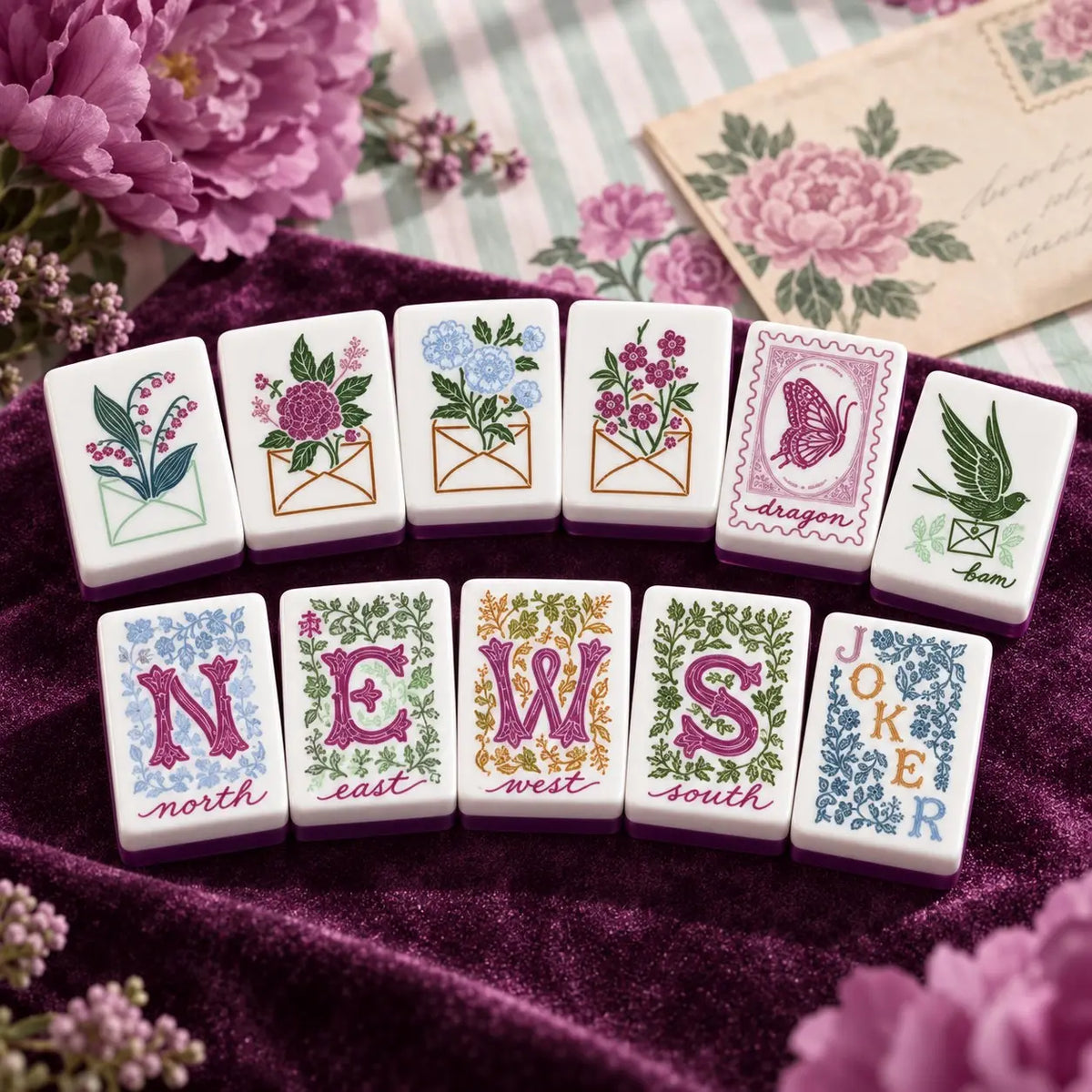 Floral Nature Green Purple mahjong tile set in white, green, purple, pink and blue
