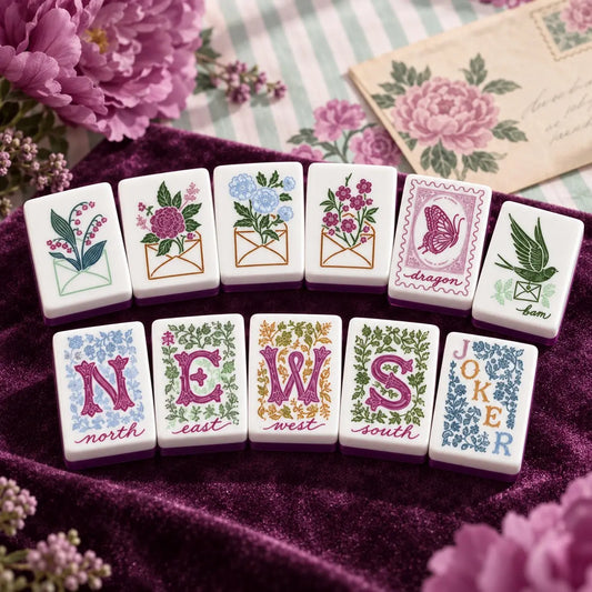 Floral Nature Green Purple mahjong tile set in white, green, purple, pink and blue
