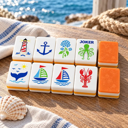 Nautical Sailboats Whales Lighthouses Anchors mahjong tile set in white, orange, blue, green, yellow and red