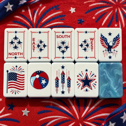 Patriotic Fireworks Stars Flag mahjong tile set in red, white, blue and navy