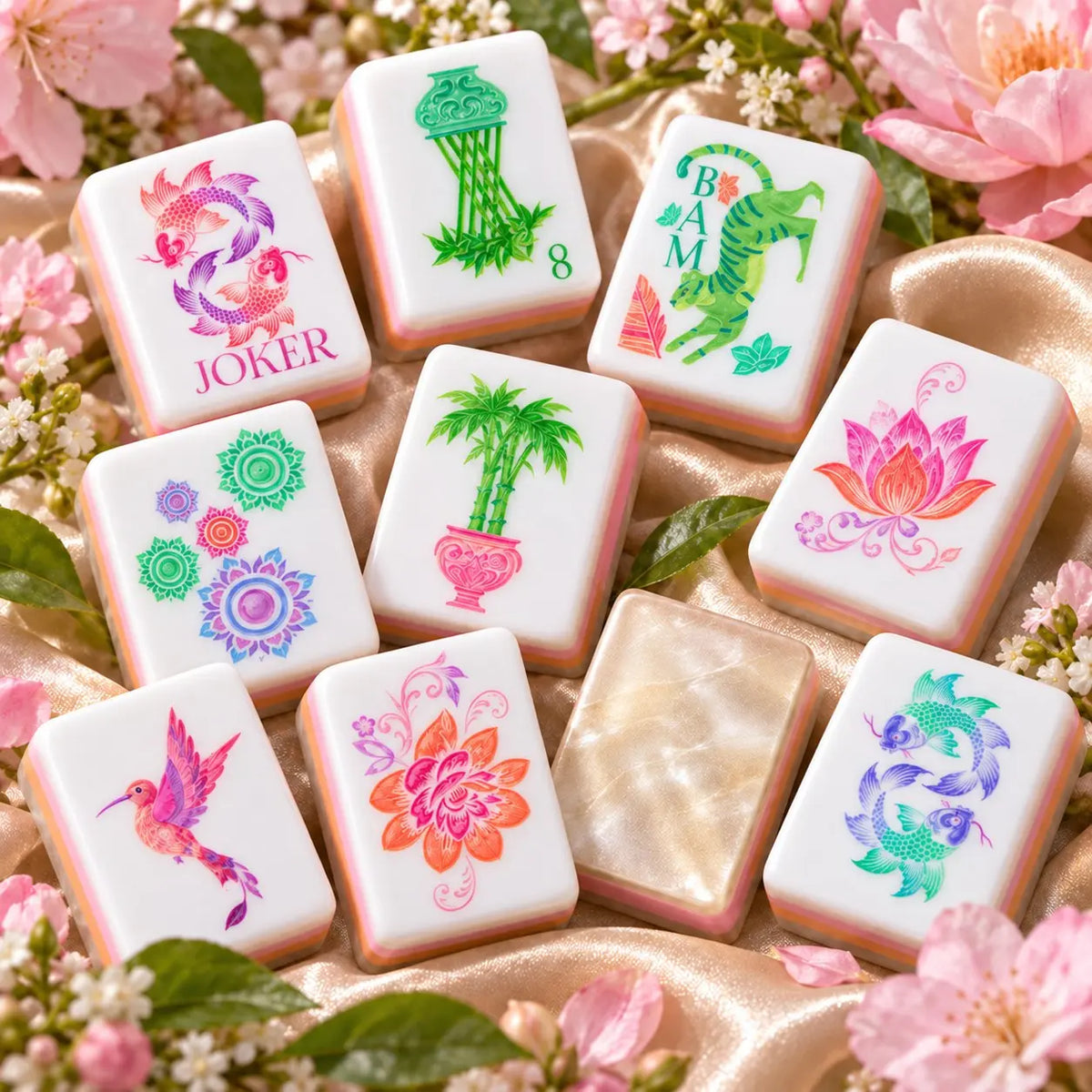 Botanical Floral Pink Gradient Green mahjong tile set in white, pink, orange, green, purple and blue