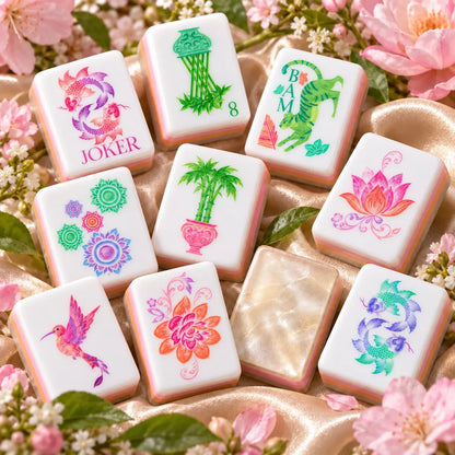 Botanical Floral Pink Gradient Green mahjong tile set in white, pink, orange, green, purple and blue
