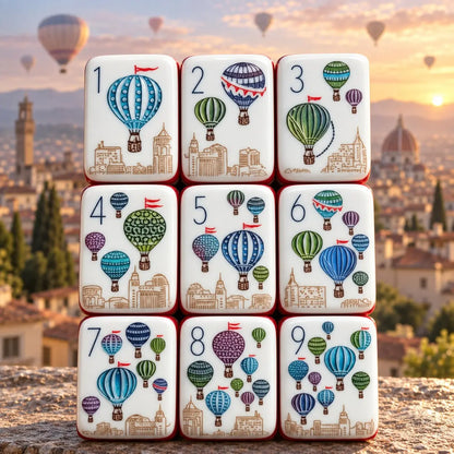 Hot Air Balloon Cityscape mahjong tile set in white, blue, red, green, yellow and orange